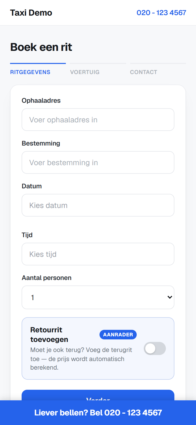 Voorbeeld van een online boekingspagina op mobiel